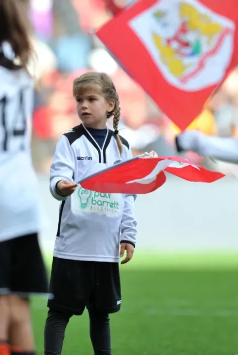Framed Print : Flag-Bearer from Portishead Town FC Honors Bristol City at Ashton Gate Stadium During Championship Match against Nottingham Forest Framed Print : Flag-Bearer from Portishead Town FC Honors Bristol City at Ashton Gate Stadium During Championship Match against Nottingham Forest