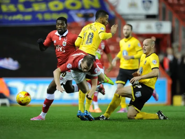 Framed Print : Foul at Ashton Gate: Barrett vs. Wilbraham - Bristol City vs. AFC Wimbledon Framed Print : Foul at Ashton Gate: Barrett vs. Wilbraham - Bristol City vs. AFC Wimbledon