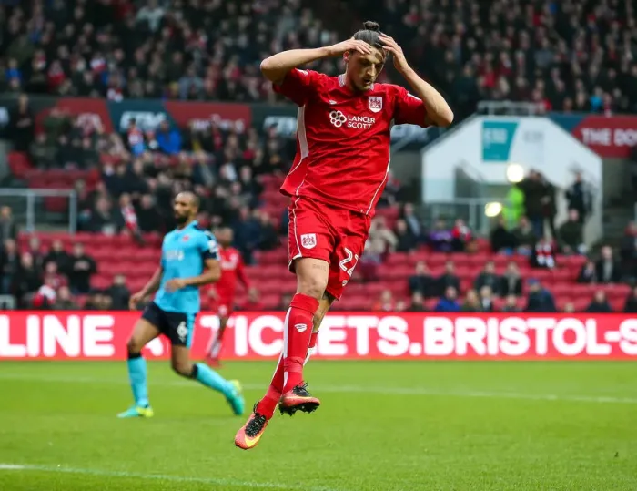 Framed Print : Frustration for Milan Djuric as He Misses Goal Opportunity for Bristol City against Fleetwood Town Framed Print : Frustration for Milan Djuric as He Misses Goal Opportunity for Bristol City against Fleetwood Town
