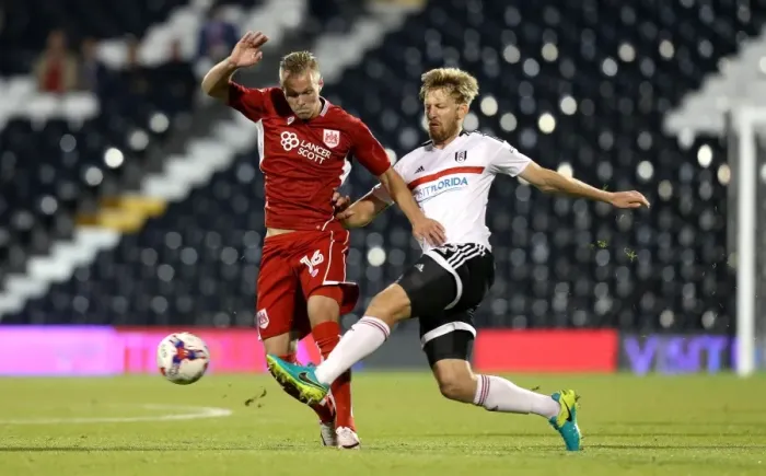 Framed Print : Fulham vs. Bristol City: Gustav Engvall Tackled in EFL Cup Clash Framed Print : Fulham vs. Bristol City: Gustav Engvall Tackled in EFL Cup Clash