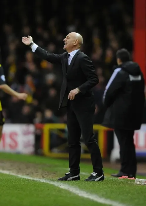 Framed Print : Giuseppe Sannino of Watford in Unconventional Attire: Football Boots with Suit at Ashton Gate, FA Cup Third Round (Bristol City v Watford)