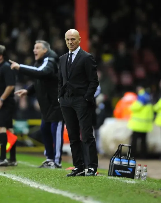 Framed Print : Giuseppe Sannino's Unconventional Look: Football Boots with Suit at 2014 FA Cup Match, Bristol City vs. Watford