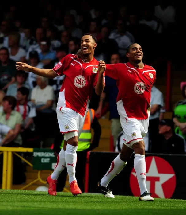 Framed Print : Goal Celebrations: Nicky Maynard and Marvin Elliott's Thrilling Moment as Bristol City Secures Championship Victory over Derby County (24 / 04 / 2010) Framed Print : Goal Celebrations: Nicky Maynard and Marvin Elliott's Thrilling Moment as Bristol City Secures Championship Victory over Derby County (24 / 04 / 2010)