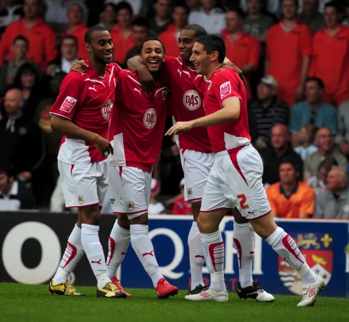 Framed Print : Goal Celebrations: Nicky Maynard, Danny Haynes, Bradley Orr, and Marvin Elliott of Bristol City after Scoring against Derby County, 24 / 04 / 2010 (Bristol City v Derby County, Championship, Ashton Gate Stadium) Framed Print : Goal Celebrations: Nicky Maynard, Danny Haynes, Bradley Orr, and Marvin Elliott of Bristol City after Scoring against Derby County, 24 / 04 / 2010 (Bristol City v Derby County, Championship, Ashton Gate Stadium)