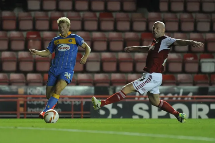 Framed Print : Goal Thrill: Curtis Main and Jon Taylor's Stunning First Goals for Bristol City vs Shrewsbury Town (17 / 09 / 2013)