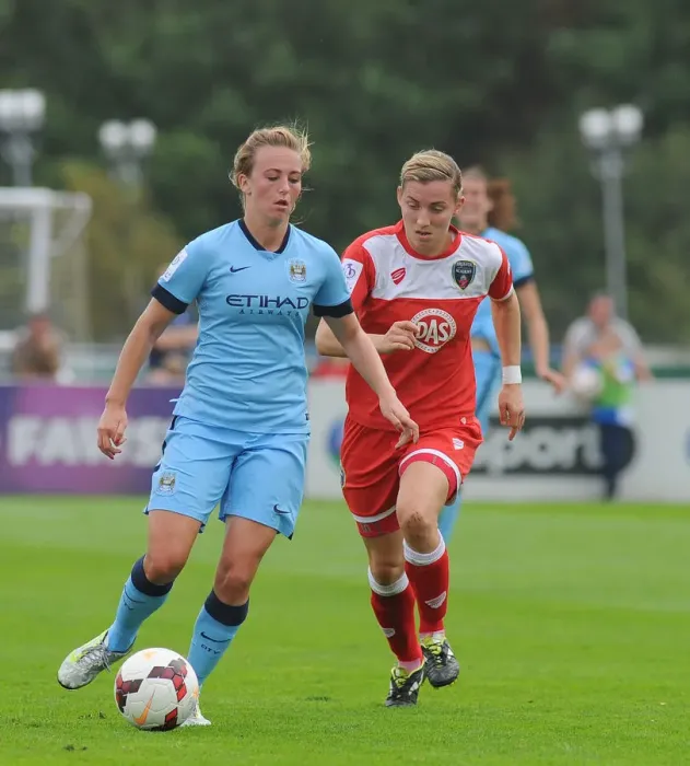 Framed Print : Grace McCatty Fights for Ball Possession: Bristol City FC Women vs Manchester City Ladies