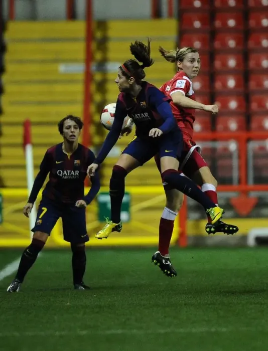 Framed Print : Grace McCatty vs. Alexia Putellas: A Battle for the High Ball in the Women's Champions League - Bristol Academy FC vs. FC Barcelona Framed Print : Grace McCatty vs. Alexia Putellas: A Battle for the High Ball in the Women's Champions League - Bristol Academy FC vs. FC Barcelona