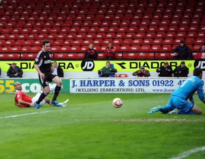 Framed Print : Greg Cunningham's Goal-bound Shot Saved by Richard O'Donnell in Walsall vs. Bristol City