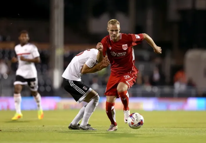 Framed Print : Gustav Engvall Charges Forward: Fulham vs. Bristol City EFL Cup Clash Framed Print : Gustav Engvall Charges Forward: Fulham vs. Bristol City EFL Cup Clash