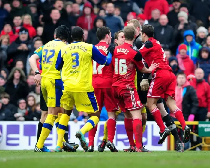 Framed Print : Heated Altercation: Kirkland vs. Cunningham After Diving Controversy (April 1, 2013) - Bristol City vs. Sheffield Wednesday