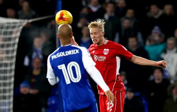 Framed Print : Hordur Magnusson Heads the Ball: Ipswich Town vs. Bristol City, Sky Bet Championship (December 2016)