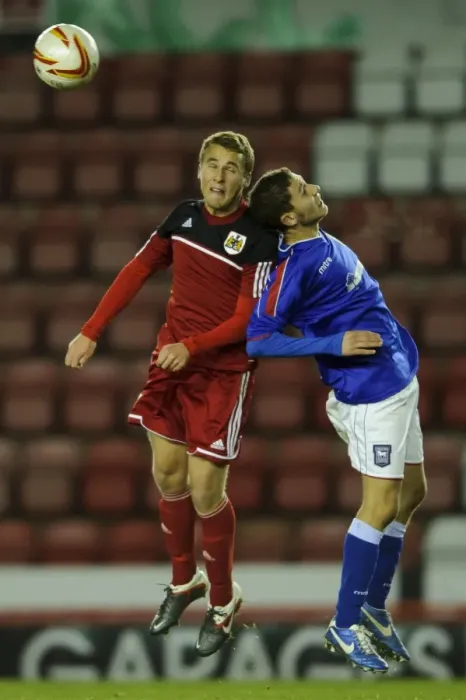 Framed Print : Intense Aerial Battle: Will Cline of Bristol City U18s vs Ipswich Town U18 Defender - FA Youth Cup Third Round, Ashton Gate Stadium Framed Print : Intense Aerial Battle: Will Cline of Bristol City U18s vs Ipswich Town U18 Defender - FA Youth Cup Third Round, Ashton Gate Stadium