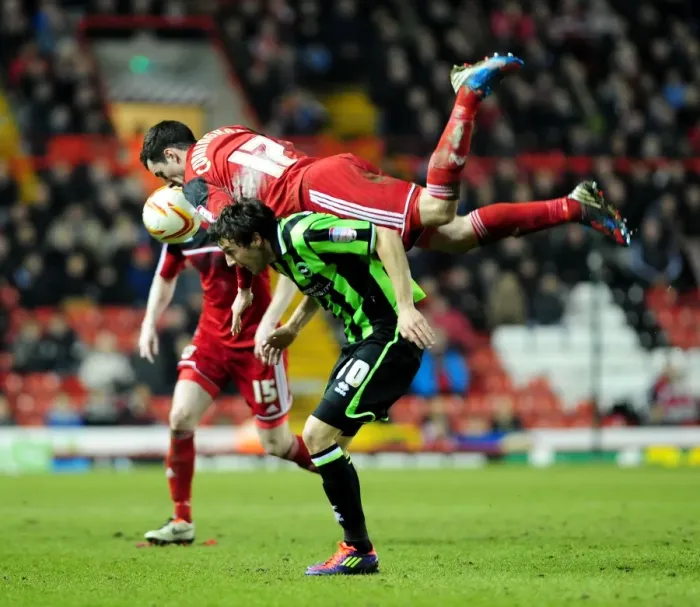 Framed Print : Intense Aerial Battle: Cunningham vs Buckley - Bristol City vs Brighton & Hove Albion Framed Print : Intense Aerial Battle: Cunningham vs Buckley - Bristol City vs Brighton & Hove Albion