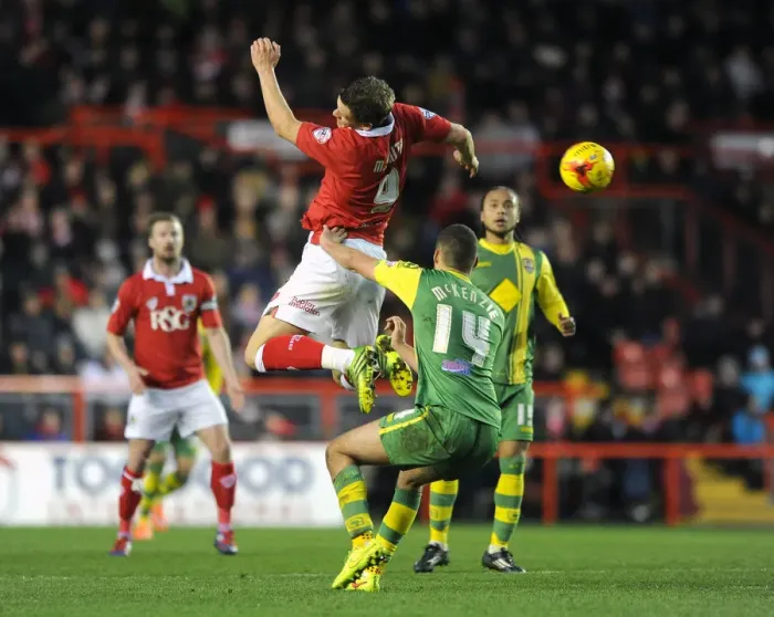 Framed Print : Intense Aerial Clash: Matt Smith vs Taylor McKenzie, Bristol City vs Notts County Framed Print : Intense Aerial Clash: Matt Smith vs Taylor McKenzie, Bristol City vs Notts County