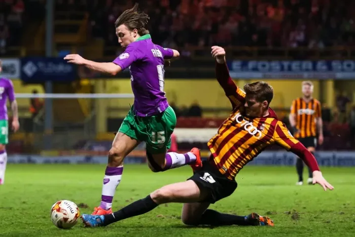Framed Print : Intense Battle: Ben Williams Tackles Luke Freeman in Bradford City vs. Bristol City Football Match