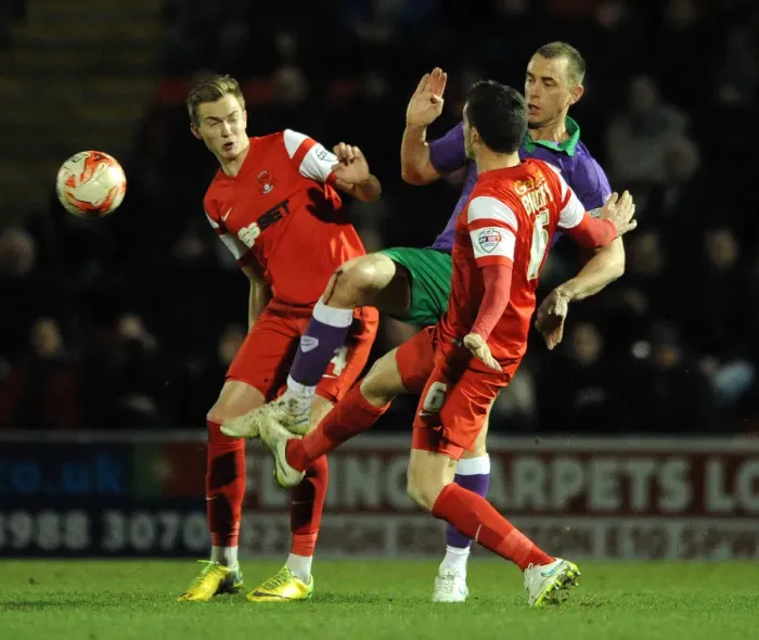 Framed Print : Intense Battle: Wilbraham vs. Baudry & Hedges in Leyton Orient vs. Bristol City Football Match, Sky Bet League One (Mar 2015)