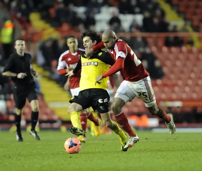 Framed Print : Intense FA Cup Clash: Marvin Elliott vs. Diego Fabbrini - Bristol City vs. Watford Framed Print : Intense FA Cup Clash: Marvin Elliott vs. Diego Fabbrini - Bristol City vs. Watford