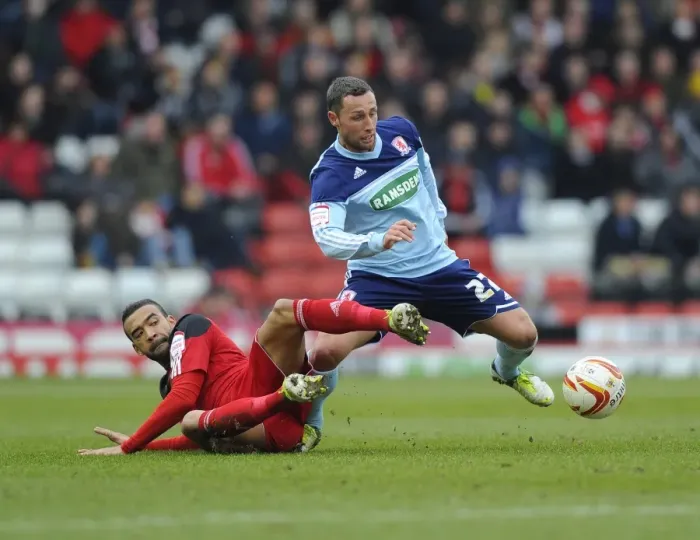 Framed Print : Intense Football Clash: Liam Fontaine vs. Scott McDonald, Bristol City vs. Middlesbrough, Npower Championship Framed Print : Intense Football Clash: Liam Fontaine vs. Scott McDonald, Bristol City vs. Middlesbrough, Npower Championship