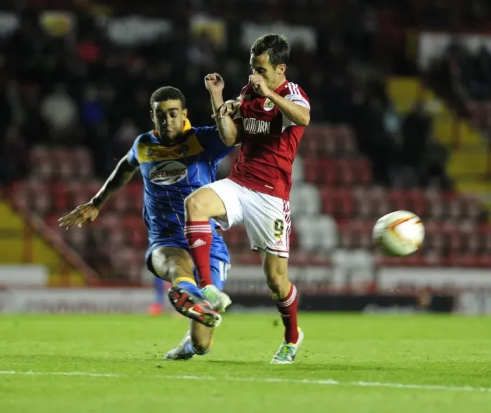 Framed Print : Intense Football Moment: Sam Baldock vs Connor Goldson, Bristol City vs Shrewsbury Town, Sky Bet League One Framed Print : Intense Football Moment: Sam Baldock vs Connor Goldson, Bristol City vs Shrewsbury Town, Sky Bet League One