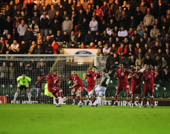 Framed Print : Intense Free-kick Showdown: Plymouth Argyle vs. Bristol City - Blocked Opportunity on the Football Field Framed Print : Intense Free-kick Showdown: Plymouth Argyle vs. Bristol City - Blocked Opportunity on the Football Field