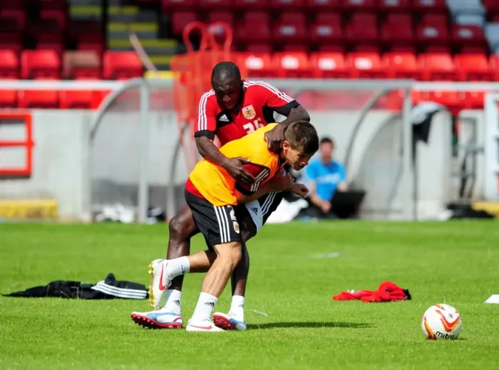 Framed Print : Intense Pre-Season Training: Edwards vs. Stewart at Bristol City Football Club Framed Print : Intense Pre-Season Training: Edwards vs. Stewart at Bristol City Football Club