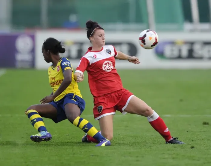 Framed Print : Intense Rivalry: Jasmine Matthews vs. Danielle Carter Clash in FA WSL Match - Bristol City FC vs. Arsenal Ladies Framed Print : Intense Rivalry: Jasmine Matthews vs. Danielle Carter Clash in FA WSL Match - Bristol City FC vs. Arsenal Ladies