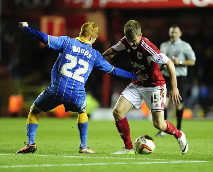 Framed Print : Intense Rivalry: Joe Bryan vs. Ryan Woods - The epic clash at Ashton Gate, Bristol City vs. Shrewsbury Town, Sky Bet League One Framed Print : Intense Rivalry: Joe Bryan vs. Ryan Woods - The epic clash at Ashton Gate, Bristol City vs. Shrewsbury Town, Sky Bet League One