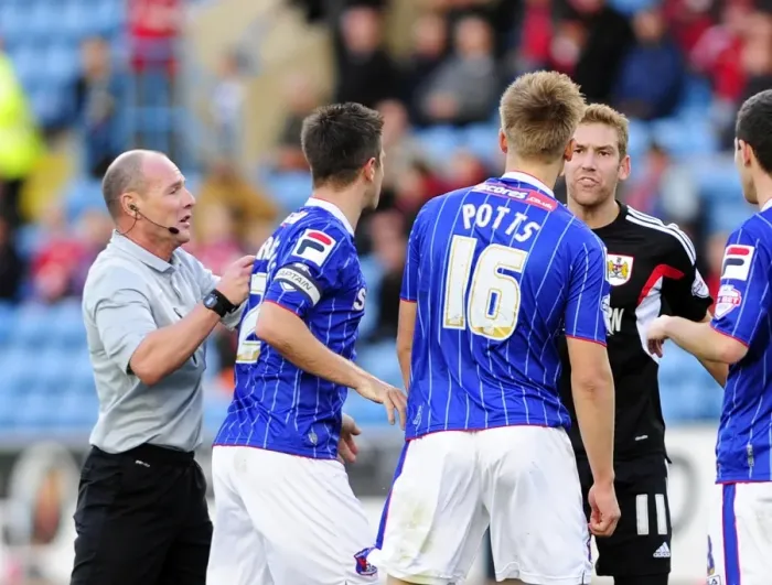 Framed Print : Intense Rivalry: Wagstaff vs. Potts Clash at Brunton Park - Football's Fiery Moment (Bristol City vs. Carlisle United) Framed Print : Intense Rivalry: Wagstaff vs. Potts Clash at Brunton Park - Football's Fiery Moment (Bristol City vs. Carlisle United)