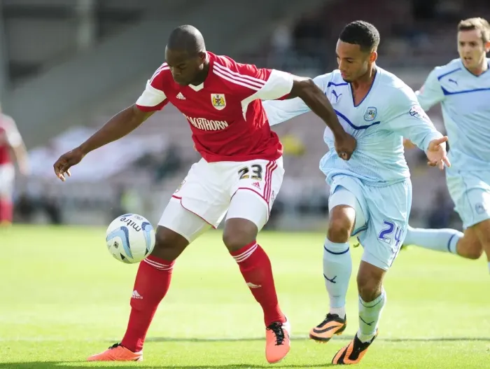 Framed Print : Intense Sky Bet League One Clash: Marlon Harewood Snatches Ball from Jordan Clarke, Bristol City vs Coventry Framed Print : Intense Sky Bet League One Clash: Marlon Harewood Snatches Ball from Jordan Clarke, Bristol City vs Coventry