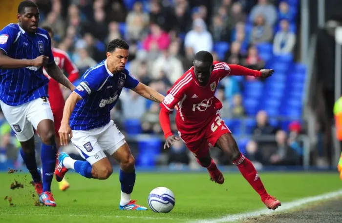 Framed Print : Ipswich Town vs. Bristol City: Edwards vs. Adomah Battle for Ball at Portman Road, 2012