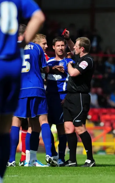 Framed Print : Ipswichs Lee Martin is shown a strait red for his challenge on Bristol Citys Kalifa Cisse - - 16 / 04 / 2011 - SPORT Framed Print : Ipswichs Lee Martin is shown a strait red for his challenge on Bristol Citys Kalifa Cisse - - 16 / 04 / 2011 - SPORT