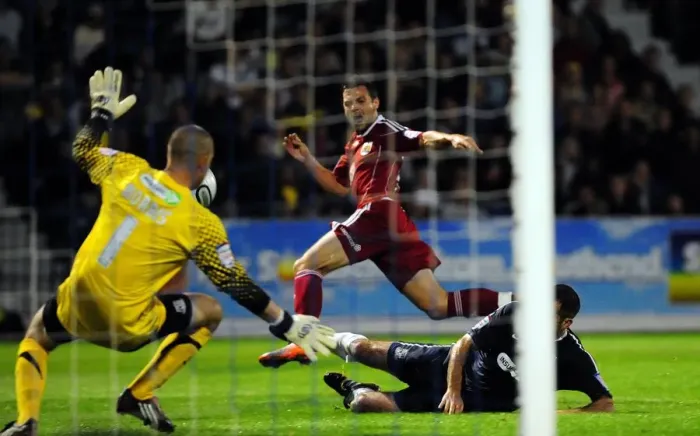 Framed Print : Ivan Sproule Scores for Bristol City against Southend United in Carling Cup Match, August 2010 Framed Print : Ivan Sproule Scores for Bristol City against Southend United in Carling Cup Match, August 2010