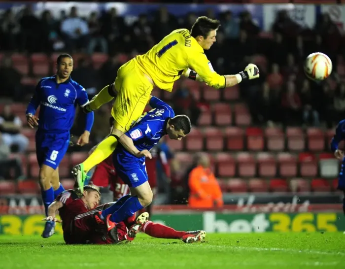 Framed Print : Jack Butland in Action: Defending for Birmingham City against Bristol City at Ashton Gate, 2013