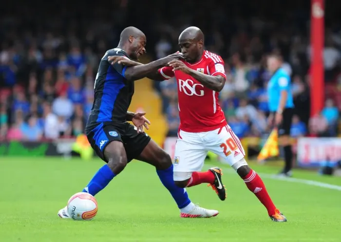 Framed Print : Jamal Campbell-Ryce's Stunning Goal Past Aaron Mokoena: Championship Rivalry between Bristol City and Portsmouth (2011)