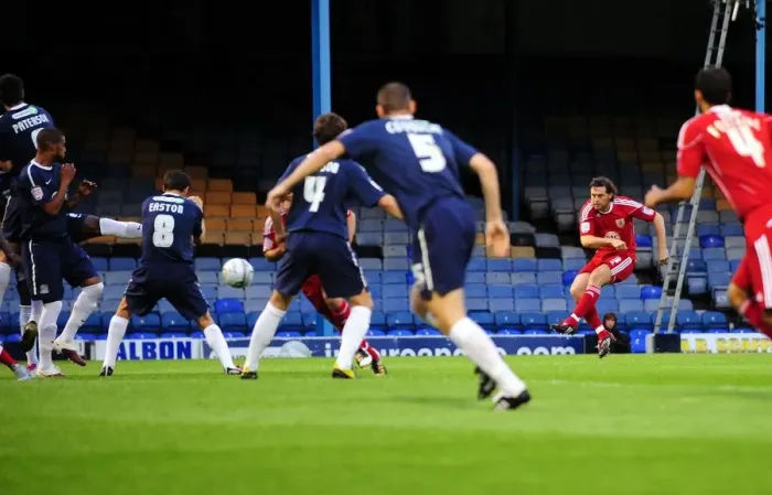 Framed Print : Jamie McAllister Scores the Opener: Carling Cup 2010 - Bristol City vs. Southend United