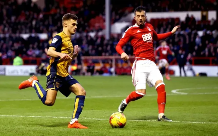 Framed Print : Jamie Paterson vs. Daniel Pinillos Clash in Nottingham Forest vs. Bristol City Championship Match, 2017 Framed Print : Jamie Paterson vs. Daniel Pinillos Clash in Nottingham Forest vs. Bristol City Championship Match, 2017