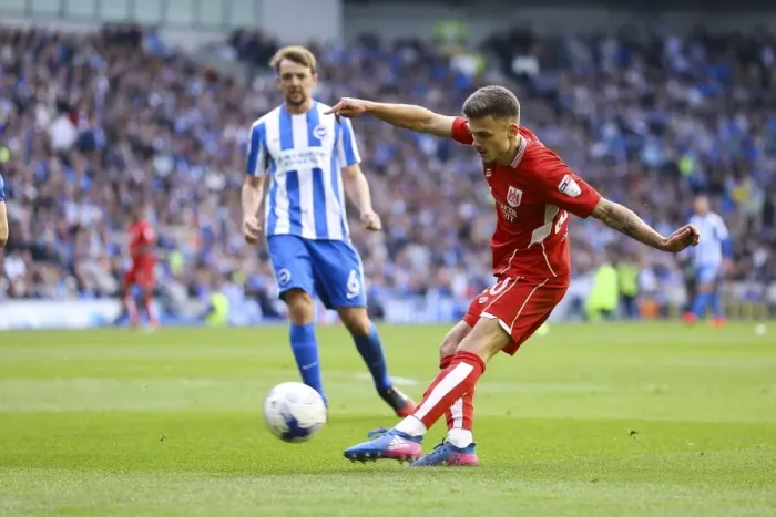 Framed Print : Jamie Paterson's Shot at Amex Stadium: Brighton vs. Bristol City Championship Clash Framed Print : Jamie Paterson's Shot at Amex Stadium: Brighton vs. Bristol City Championship Clash