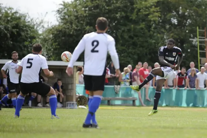 Framed Print : Jay Emmanuel-Thomas Aims for Goal: Portishead Town vs. Bristol City Pre-Season Friendly Framed Print : Jay Emmanuel-Thomas Aims for Goal: Portishead Town vs. Bristol City Pre-Season Friendly