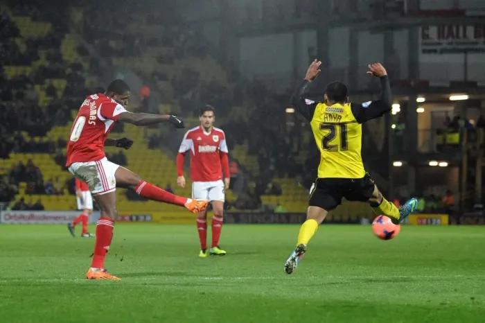 Framed Print : Jay Emmanuel-Thomas Aims for Goal: Watford vs. Bristol City FA Cup Replay