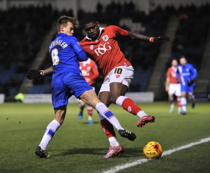 Framed Print : Jay Emmanuel-Thomas Battles Jake Hessenthaler in Intense Football Action: Gillingham vs. Bristol City, Johnstone's Paint Trophy Area Final