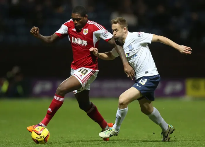 Framed Print : Jay Emmanuel-Thomas Beats Joel Byrom: Preston North End vs. Bristol City Football Clash, Sky Bet League One (November 2013)