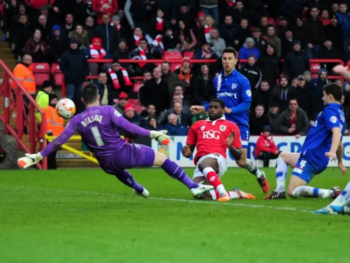Framed Print : Jay Emmanuel-Thomas Denied by Stuart Nelson: Bristol City vs Gillingham