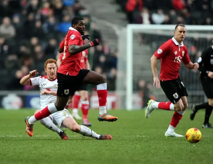 Framed Print : Jay Emmanuel-Thomas Dodges Dean Lewington: Intense Moment from MK Dons vs. Bristol City Football Match, February 2015 Framed Print : Jay Emmanuel-Thomas Dodges Dean Lewington: Intense Moment from MK Dons vs. Bristol City Football Match, February 2015