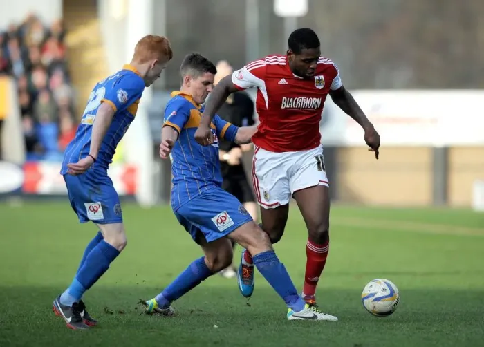 Framed Print : Jay Emmanuel-Thomas Faces Off in Shrewsbury Town vs. Bristol City Football Match, Sky Bet League One Framed Print : Jay Emmanuel-Thomas Faces Off in Shrewsbury Town vs. Bristol City Football Match, Sky Bet League One