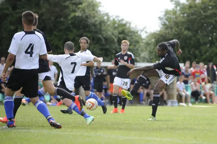 Framed Print : Jay Emmanuel-Thomas Goes for Glory: Portishead Town vs. Bristol City Pre-Season Friendly