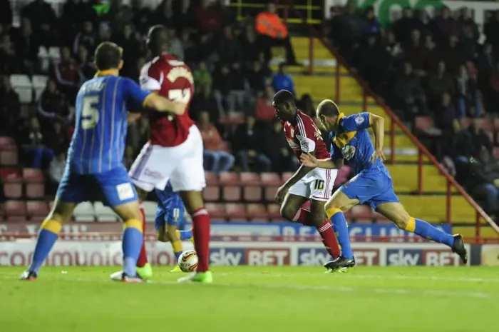 Framed Print : Jay Emmanuel-Thomas Scores for Bristol City Against Shrewsbury Town, September 17, 2013 Framed Print : Jay Emmanuel-Thomas Scores for Bristol City Against Shrewsbury Town, September 17, 2013