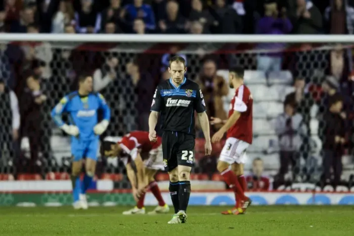 Framed Print : Jay Emmanuel-Thomas Scores: Dejected Stevenage Defender David Gray Framed Print : Jay Emmanuel-Thomas Scores: Dejected Stevenage Defender David Gray