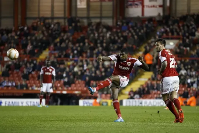 Framed Print : Jay Emmanuel-Thomas Scores Free Kick: Bristol City Leads Port Vale 4-0 Framed Print : Jay Emmanuel-Thomas Scores Free Kick: Bristol City Leads Port Vale 4-0