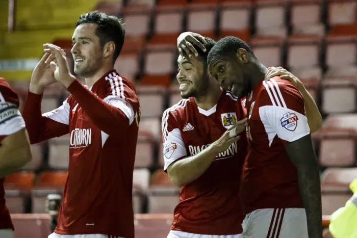 Framed Print : Jay Emmanuel-Thomas Scores the Opener for Bristol City against Port Vale, 2014