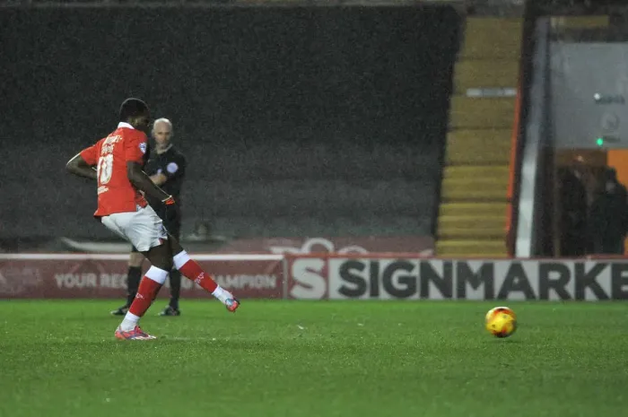 Framed Print : Jay Emmanuel-Thomas Scores Penalty for 2-0 Lead: Bristol City vs Yeovil Town, Ashton Gate, 2014 Framed Print : Jay Emmanuel-Thomas Scores Penalty for 2-0 Lead: Bristol City vs Yeovil Town, Ashton Gate, 2014